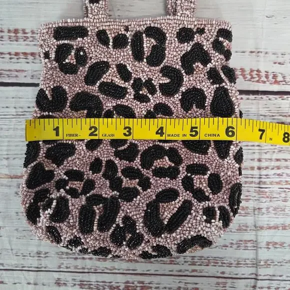 Moyna Beaded Demi Cheetah Handbag Clutch Pink Black Glam Holiday Party Coquette - Picture 6 of 9